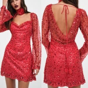 For Love & Lemons Gwendolyn Mini Dress Size Small Red Sequin Lace Long Sleeve